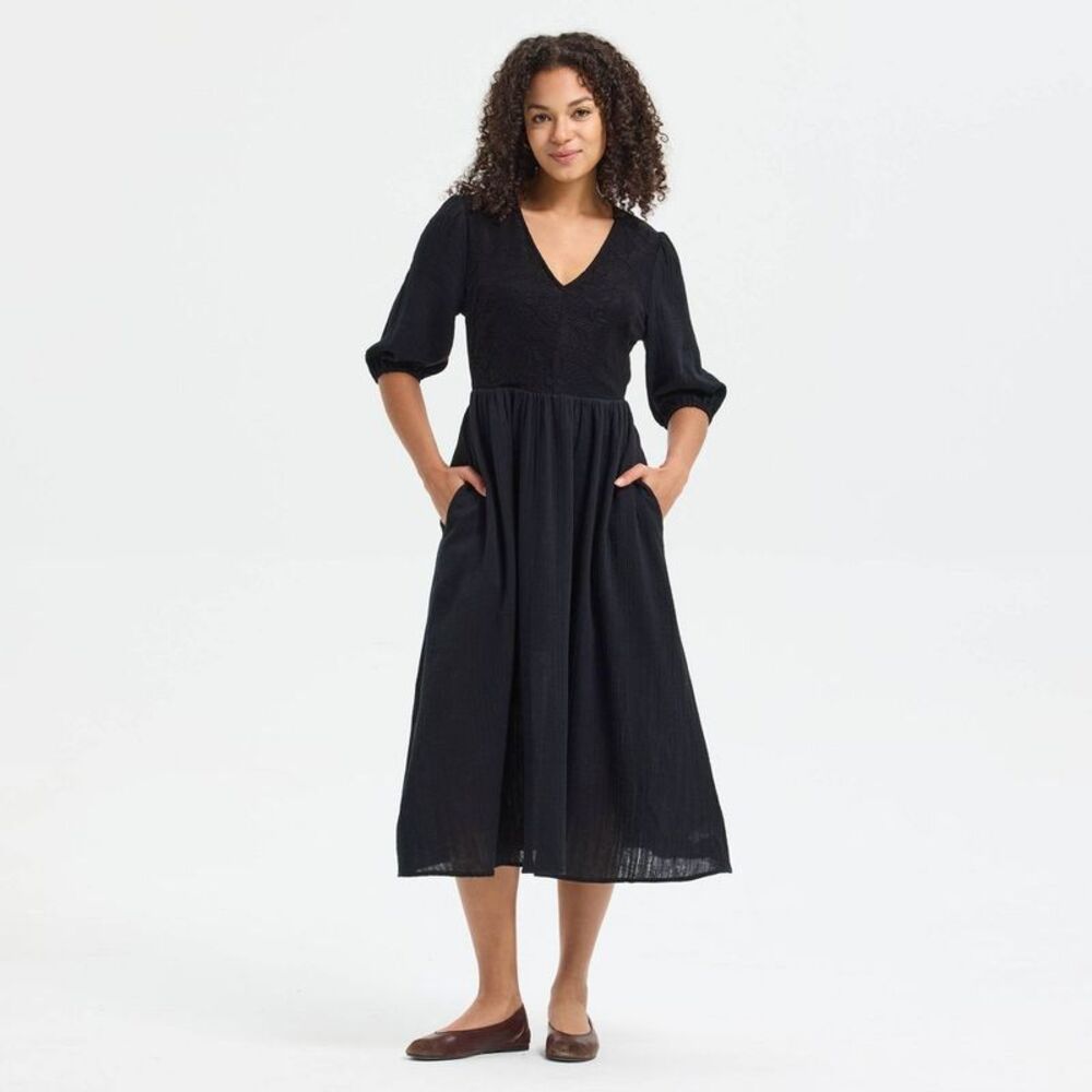 Universal Thread - Women's Puff Elbow Sleeve Embroidered Midi Dress - Black